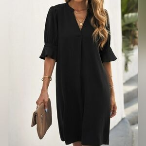 Vee Neck Short Sleeve Tunic Dress Black Size XL